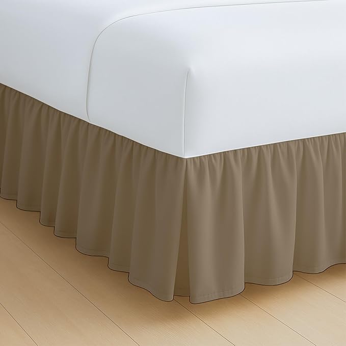 Rajlinen Ruffled Bed Skirt Queen, 14 Inch Drop Dust Ruffle with Split Corners, 100% Microfiber Bedskirt with Platform, Three-Sided Coverage Ruffled Gathering Design, Taupe