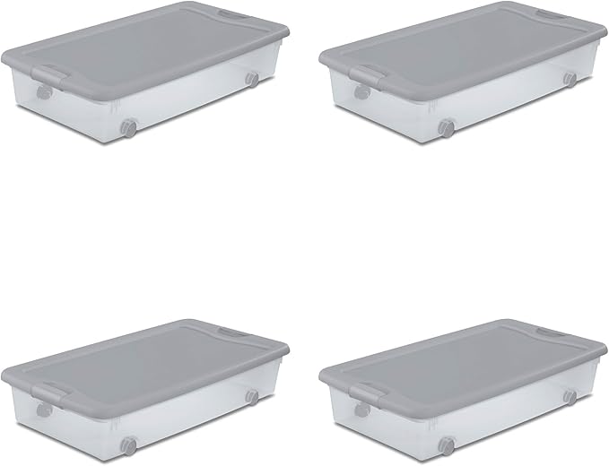 Sterilite 8 Pack Wheeled Under Bed Storage Container, 56 Qt Plastic Bin with Latching Lid for Organization - Clothes & Shoes Organizer, Silver Tint