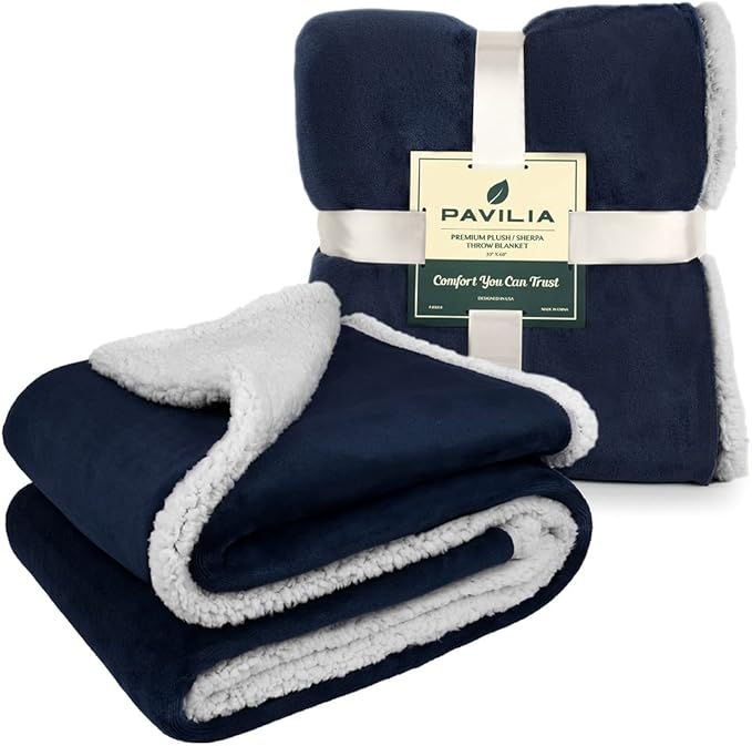 PAVILIA Sherpa Fleece Throw Blanket for Couch, Navy Blue, Plush Soft Fuzzy Sofa Blanket, Cozy Reversible Winter Throw for Women Men, 50x60 Inches