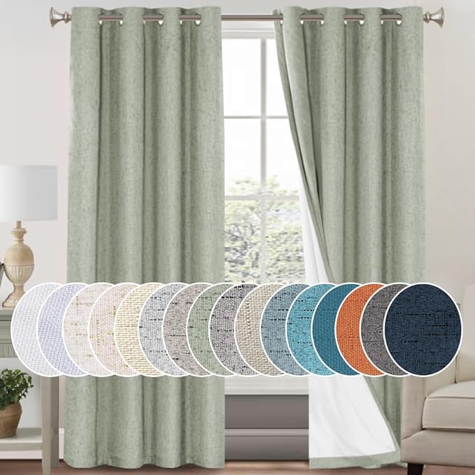 PrinceDeco 100% Blackout Curtains for Bedroom Linen Black Out Curtains for Living Room 96 Inch Long Faux Linen Fabric Grommet Thermal Curtains for Summer Heat with White Liner,52X96 Inch,Sage
