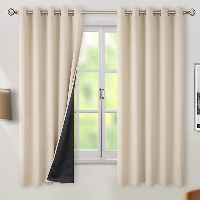 BGment Thermal Insulated 100% Blackout Curtains 63 Inch Length 2 Panels, Total Light Blocking Curtains for Bedroom, Grommet Window Drapes with Thick Black Liner, 60 Inch Wide Each Panel, Champagne