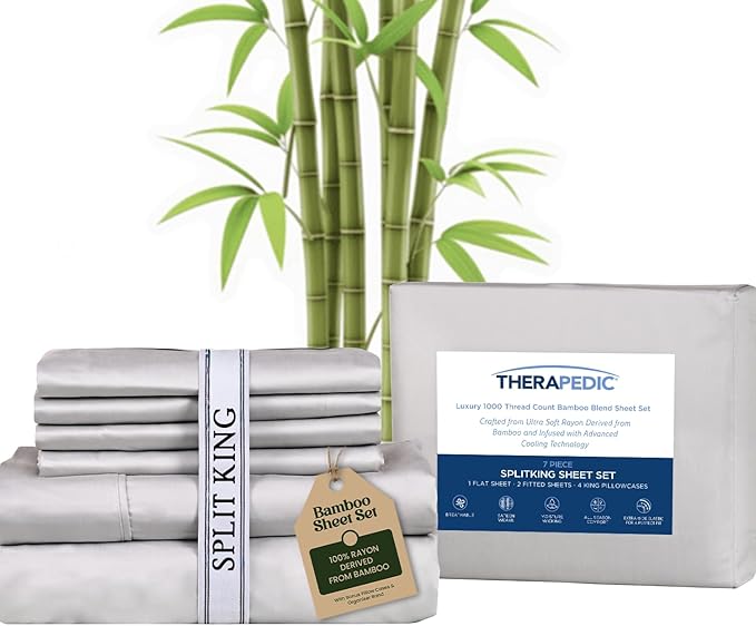 Therapedic 1000TC Split King 7-Piece Sheet Set - 100% Organic Rayon Dervied from Bamboo Blend with Cooling Fiber, Ideal for Hot Sleepers - 16" Deep Pocket Fitted Sheet, Bonus Pillowcases - Light Grey