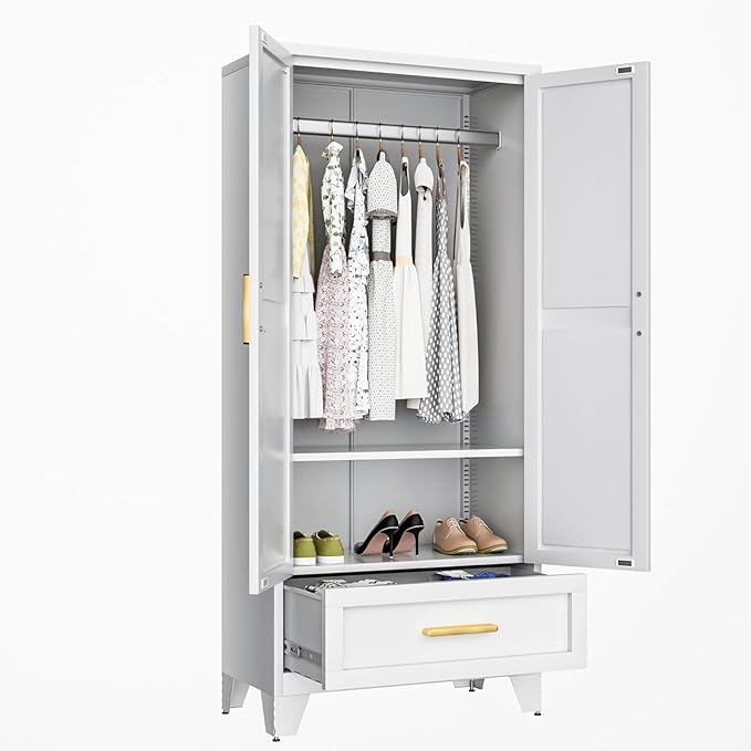 COFaR 71 Farmhouse Metal Wardrobe Closet with Hanging Rod, 2 Barn Doors, Adjustable Shelves, Steel Armoire with Drawer for Home, Bedroom White