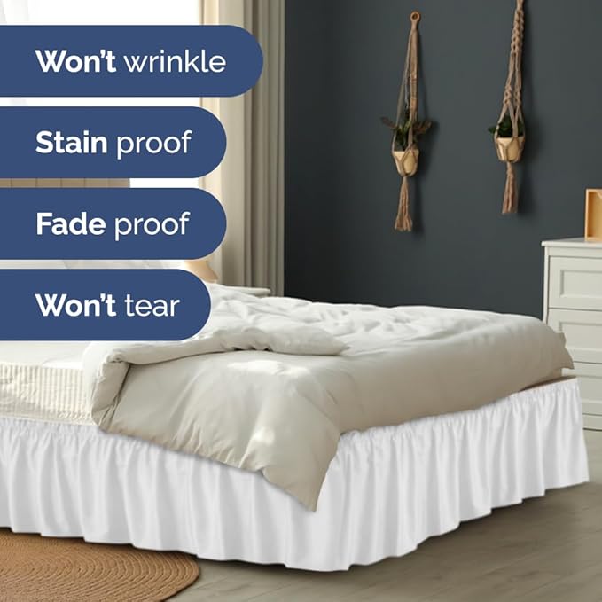 Wrap Around Dust Ruffle Bed Skirt - White - for Queen Size Beds with 21 Inch Drop - Easy Fit Elastic Strap - Adjustable Pleated Bedskirt w/Brushed Fabric - Wrinkle Free - for Women, Men, Kids & Teens