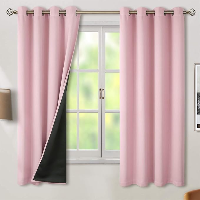 BGment Baby Pink 100% Blackout Curtains for Nursery Bedroom 63 Inch Length 2 Panels, Thermal Insulated Full Light Blocking Grommet Noise Cancelling Window Curtains for Girls Room, 52 Inch Wide Each
