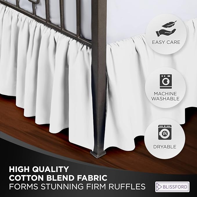 BLISSFORD White Bed Skirt Twin Size 18 inch Drop - with Split Corners - Cotton Blend Ruffle Bed Skirt, Dust Ruffle with Platform White Twin Bedskirt, Machine Washable