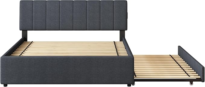 Queen Size Upholstered Platform Bed with Trundle and 1 Sets of USB, Linen Fabric Full and Twin Double Bed w/LED Lights with APP for Bedroom,Dark Gray