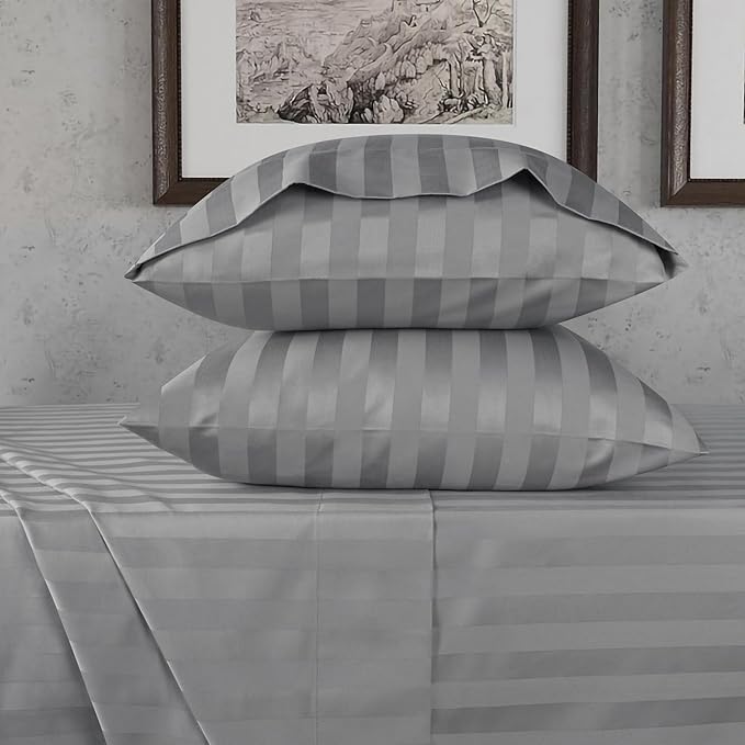 URBANHUT 800 Thread Count 100% Cotton Damask Queen Size Sheets, 4 Piece Striped Queen Size Bedsheets, Luxury Hotel Sheets Sateen Weave - Better Than Egyptian, 16" Elasticized Deep Pocket- Dark Grey