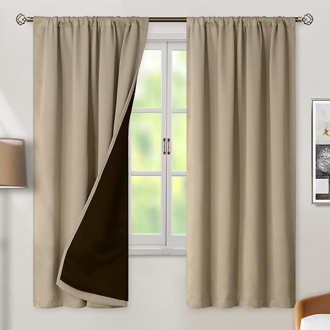 BGment 100% Blackout Curtains for Bedroom 72 Inch Length 2 Panels, Thermal Insulated Room Darkening Curtains Rod Pocket Soundproof Bedroom Living Room Window Curtains, Sand, Each 52 Inch Wide