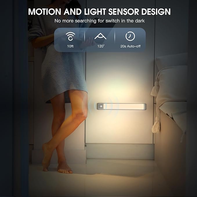 10inch Under Cabinet Lighting, 2 Pack Rechargeable Motion Sensor Light Indoor, 5 Levels Dimmable Magnetic Closet Lights, Wireless Under Counter Lights for Kitchen, Stairs