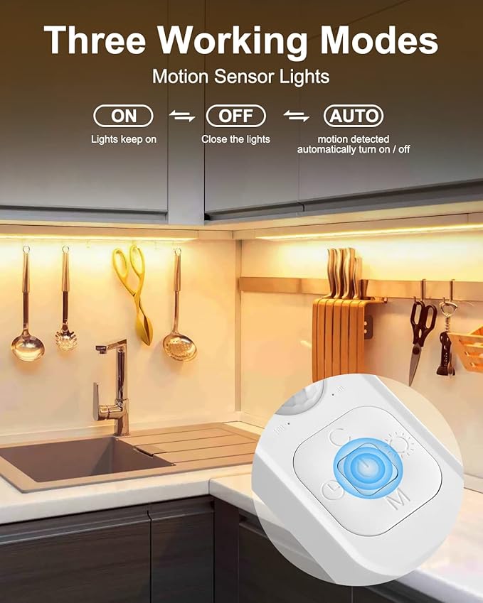 Motion Sensor LED Strip Light - Cabinet Strip Lights with 24W Plug, Dimmer and Timing, 9.84ft 3000K WarmWhite