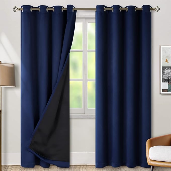BGment Thermal Insulated 100% Blackout Curtains for Bedroom with Black Liner, Double Layer Full Room Darkening Noise Reducing Grommet Curtain (52 x 90 Inch, Navy Blue, 2 Panels)