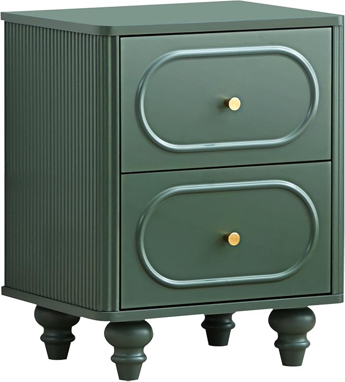 2 Drawer Fluted Mini Small Dresser for Bedroom Set of 2, Mid Century Modern Nightstand Bedside End Table, Wood Storage Dresser Organizer for Bedroom, Green