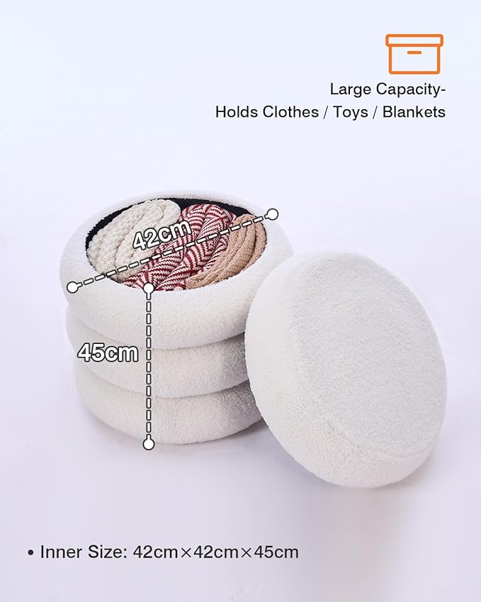 Round Set of 2 Sherpa Storage Ottoman Stool Boucle Vanity Stool Footstool with Removeable lid Load up to 440 lbs for Livingroom Bedroom White UASND68W