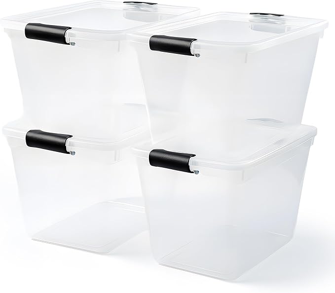 HOMZ 4-Pack 31 Quart Latching Lid, Clear Plastic Storage Organizer Bins, Gray – Stackable Containers for Home & Office Shelves, Kitchen, Garage, and Bathroom Organization
