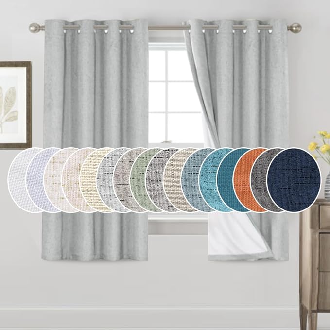PrinceDeco Blackout Curtains 63 Inch Length Short Blackout Curtains 2 Panels Sets for Bedroom Living Room Room Darkening Curtains Linen Texture Drapes for Windows, 52" W x 63" L,Glacier Grey