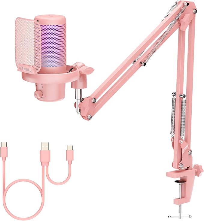 FEELWORLD VM1 Pink Gaming PC USB Microphone Condenser Mic with Noise Cancellation Mute RGB Light, Computer Accessories Gifts for Gamer YouTube Twitch Podcast Streaming Recording Online Chat PS4 PS5
