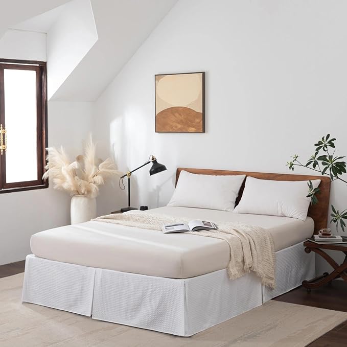 Twin Bed Skirt, Wrap Around Bed Skirt with Pleated Corner, 16 Inch Drop Pleated Waffle Weave Bedskirts, Anti-Slip, Microfiber, White, 16'' Twin