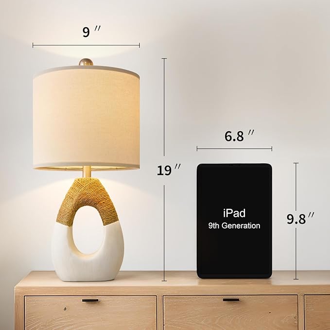 OYEARS 19'' Small Boho Table Lamps for Bedroom Set of 2, Farmhouse Rattan Bedroom Lamps for Living Room Rustic Home Decor, Nightstand Bedside Lamps for Sofa Table Entry Way, Suitable for Small Places