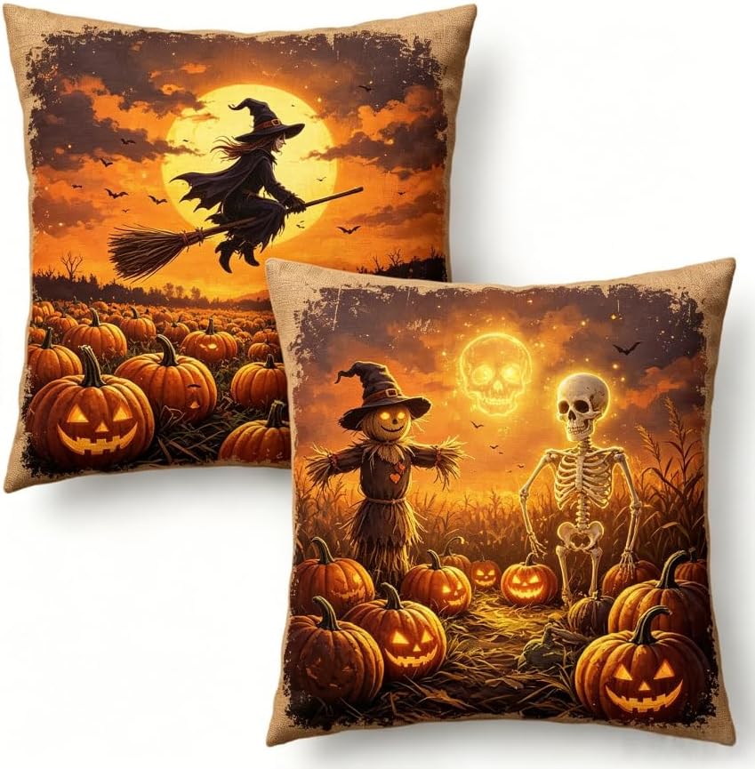 Halloween Throw Pillow Covers, 18x18 Inch, Witch and Skeleton Pumpkin Design by Unknown