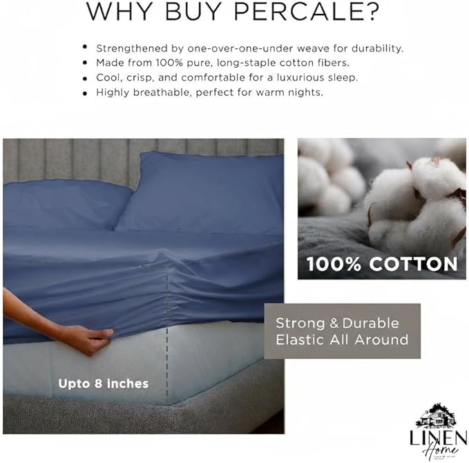 Linen Home 100% Cotton Percale Sheet Set, King Size, Baby Blue, Deep Pocket, 6 Pieces Set - 1 Flat, 1 Deep Pocket Fitted Sheet and 4 Pillowcases, Crisp Cool and Strong Bed Linen