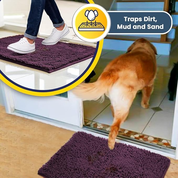Muddy Mat® | Super Absorbent Door Mat Indoor, Microfiber Quick Dry Chenille Entryway Rug, Non-Slip Front Door Mat, Indoor Mats for Entryway, Machine Washable Pet Rug, Dark Purple 48"x72"