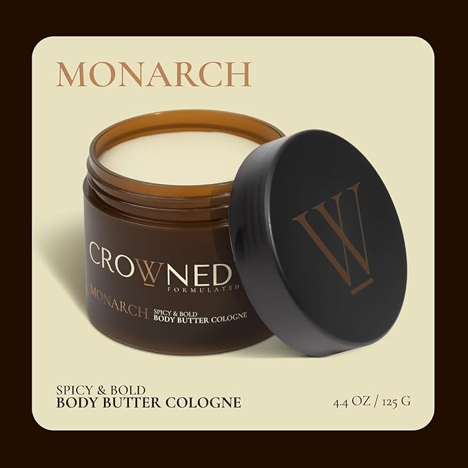 Crowned Skin Monarch Body Butter Cologne and Body Oil Cologne Bundle | Moisturizing Skin Care Set with Spicy and Bold White Musk & Cedarwood Scent | Natural Shea & Mango Butters | All-Day Fragrance