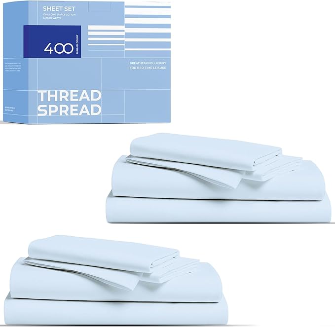 THREAD SPREAD 2-Pack Queen Size Sheets Set - 400 Thread Count 100% Cotton Sateen Weave - Extra Soft, Breathable, Hotel Quality Cooling Sheets, 2 Sets of Queen Size Deep Pocket Bed Sheets (Light Blue)