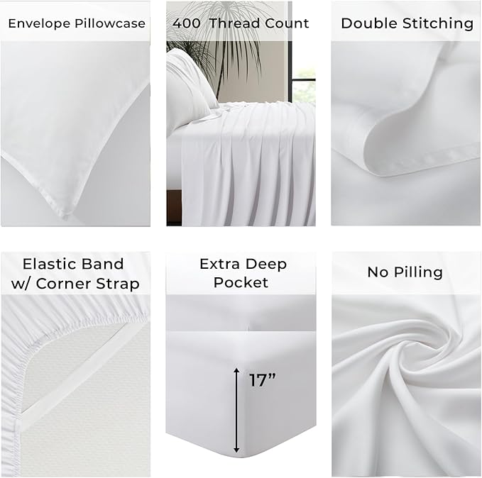 Luxury Bamboo Market | Queen Size Bed Sheet Set | 100% Viscose Made from Bamboo | Organically Grown | Ultra Soft | Cooling Sheets for Hot Sleepers | 17" Deep Pocket [Classic White]