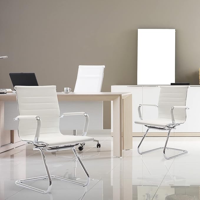 Wahson Office Guest Chairs Set of 10, Leather Reception Chairs, Mid Back Waiting Room Chair, Conference Chairs with Sled Base, Desk Chair No Wheels for Meeting/Lobby/Restroom, White
