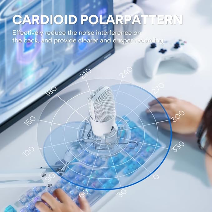 MAONO USB Microphone, 192kHz/24bit Plug & Play PC Computer Podcast Condenser Cardioid Metal Mic Kit with Professional Sound Chipset for Recording, Gaming, Singing, YouTube, AU-A04 White