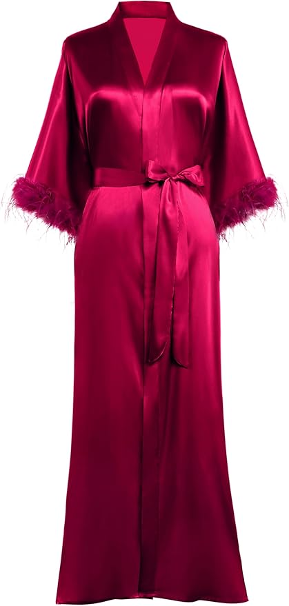 PRODESIGN Satin Kimono Robe Long Silky Bathrobe with Ostrich Feather Trim Sleepwear Wedding Bridesmaid Dressing Gown