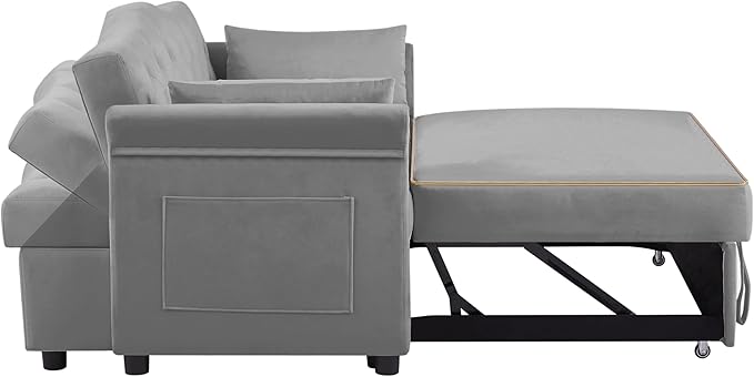 57'' Convertible Sleeper Sofa Bed with Adjustable Backrest, Chaise Lounge, 2 Pillows & Side Storage Pockets – Stylish & Functional Furniture for Living Room or Small Spaces (Grey Sofa Bed)