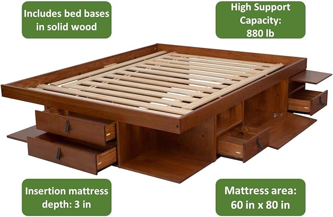 memomad Bali Storage Platform Bed with Drawers (Queen Size, Caramel Brown Wood)