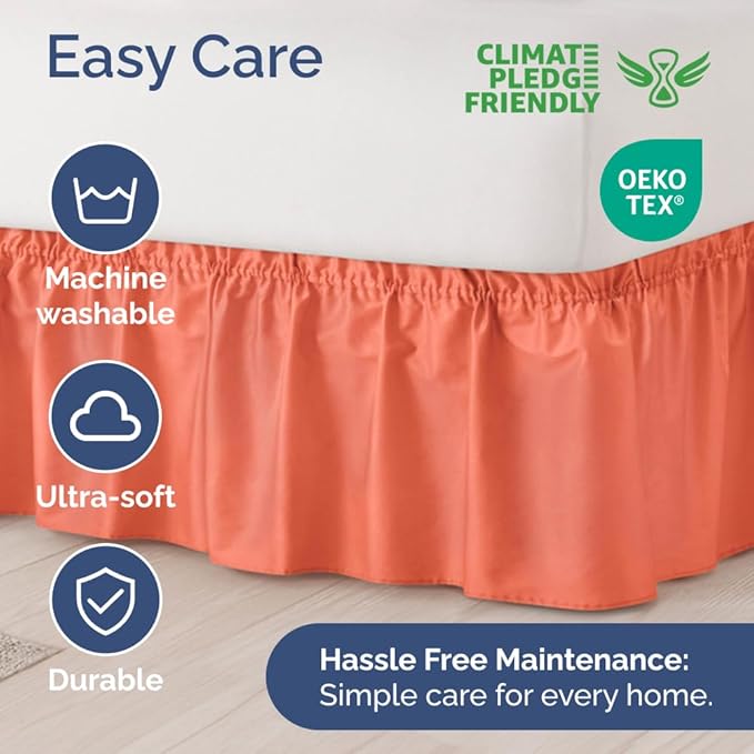 Wrap Around Dust Ruffle Bed Skirt - Coral - for Queen Size Beds with 15 Inch Drop - Easy Fit Elastic Strap - Adjustable Pleated Bedskirt w/Brushed Fabric - Wrinkle Free - for Women, Men, Kids & Teens