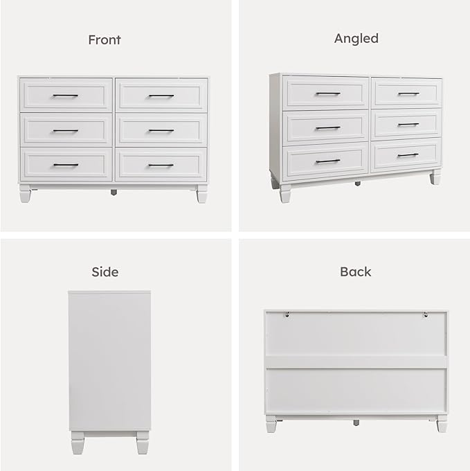 Farmhouse 6 Drawers Dresser for Bedroom, White Dressers with Unique Solid Wood Legs, Modern Wide Chest Dressers for Clothes, Closet, Living Room