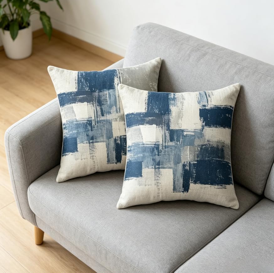 18X18 Inches Abstract Blue Linen Throw Pillow Covers Set of 2 - Image 6