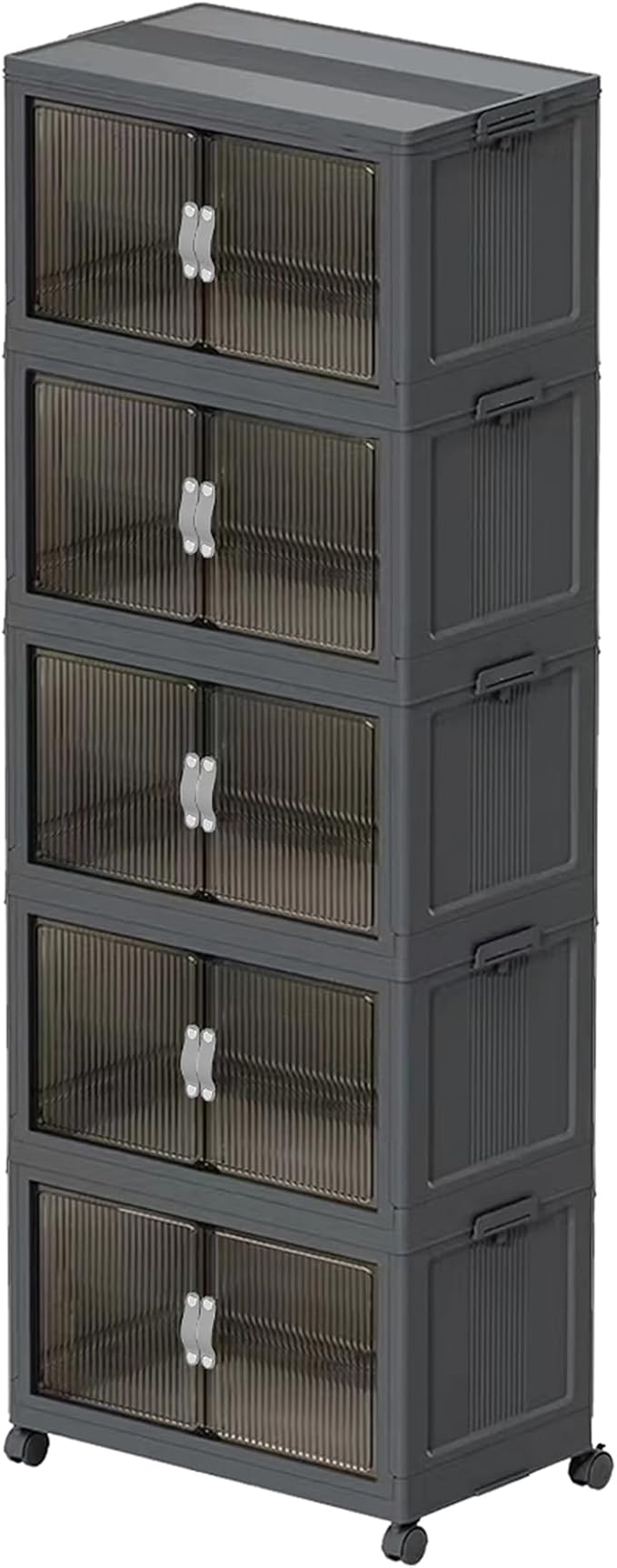 Stackable Storage Bins, Collapsible Stackable Storage Containers Bin with Doors & Wheels, Folding Plastic Closet Foldable Cabinet Storage Boxes for Home, Pantry, Office, (S, Gray 5-Tier)