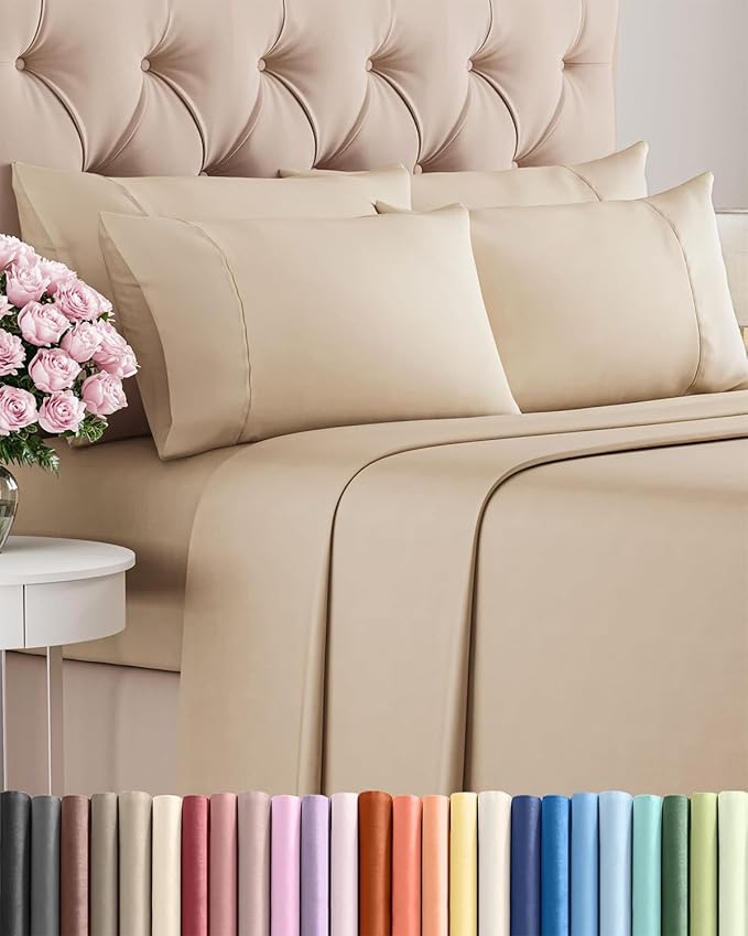 King 6 Piece Sheet Set - Cooling, Comfy & Breathable - Hotel Luxury Bedding, Includes Fitted Sheet for Women, Men, Kids and Teens - 1 Flat, 1 Fitted Sheet, 4 Pillowcases with Deep Pockets - Cream