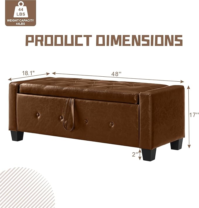 48” Storage Ottoman Bench, Upholstered Button-Tufted End of Bed Bench with Soft-Close Hinge & Solid Wood Legs, Foot Rest for Living Room, Bedroom, Hallway (Faux Leather, Brown)