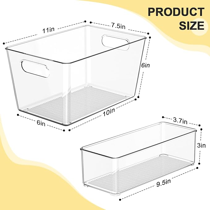 Set of 8 Clear Plastic Storage Bins, 6 Large +2 Small Pantry Organizers and Storage Containers for Kitchen Organization, Home Storage Essentials for Office, Closet, Garage, Freezer& Bathroom