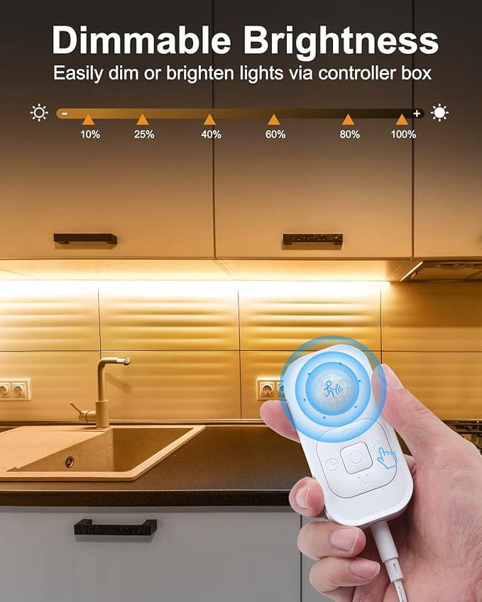 Motion Sensor LED Strip Light - Cabinet Strip Lights with 24W Plug, Dimmer, and Timing, 16.4ft for Under Cabinet, Kitchen, 3000K WarmWhite