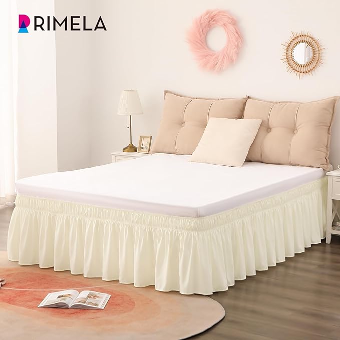 RIMELA Cream Bed Skirt King Size 15 Inch Drop, Elastic Bed Skirting for Bed Base and Frame, Lightweight Wrap Around Adjustable Bedskirt, Bedding Dust Ruffle Easy to Install