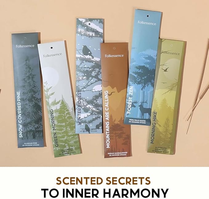 Folkulture Incense Sticks | Set of 6 (120) Insence-Sticks with 45 Mins Burn Time | Non Toxic Sandalwood, Eucalyptus, Cedar, Palo Santo | Organic White Sage Inscents