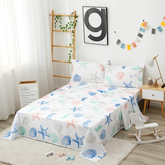 JSD Beach Theme Kids Printed Sheet Set Full, 4 Piece Starfish Jellyfish Coastal Summer Microfiber Bed Sheets Deep Pocket