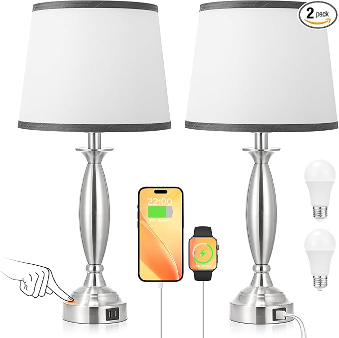 Seealle Lamps for Bedrooms Set of 2 - Touch Bedside Lamp with USB C+A, 3 Way Dimmable Nightstand Lamps with USB Port, Wood Table Lamp for Living Room Guest Room Bed Side End Table(Bulbs Included)
