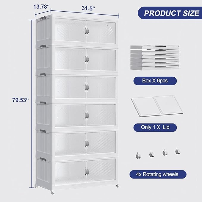 960QT Plastic Stackable Storage Bins with Lid, 240GAL Extra Large Collapsible Box with Wheels Clear Door, Foldable Closet Organizer Container Cabinet Drawer for Home Kitchen，6Pack, White