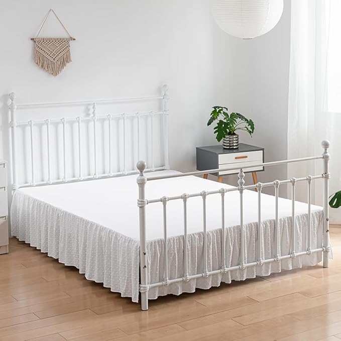 Tufted Dot Bed Skirt Queen Size Ruffled Bed Skirt with Split Corners, 12 Inch Drop Dust Ruffle Bed Skirts with Platform, White