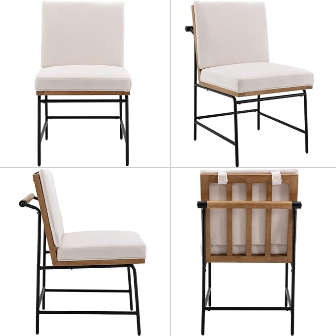 Modern Dining Chairs Set of 2, Comfy Linen Fabric Armless Upholstered Side Chairs with Backrest Wooden Black Metal Legs for Dining Room Living Room, White