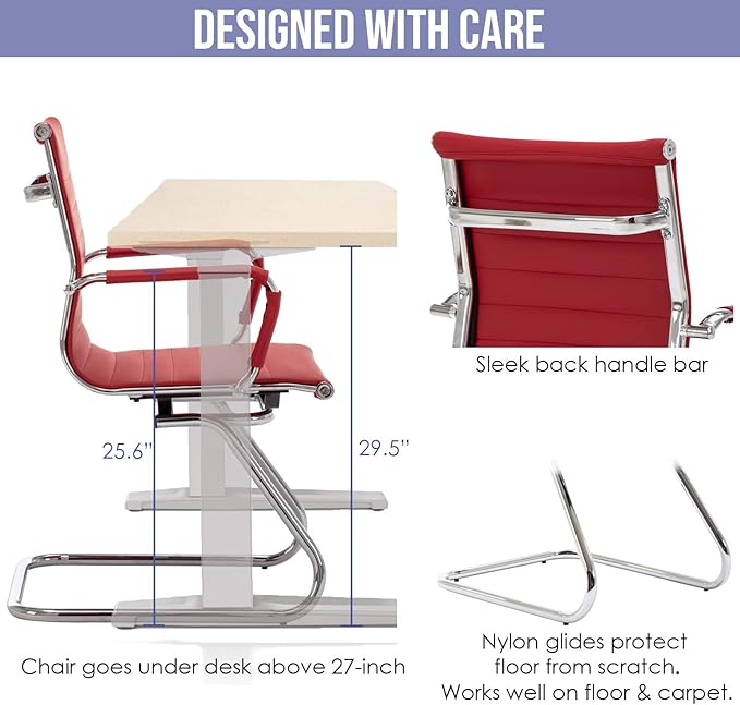 Wahson Office Guest Chairs Set of 8, Leather Reception Chairs, Mid Back Waiting Room Chair, Conference Chairs with Sled Base, Desk Chair No Wheels for Meeting/Lobby/Restroom, Dark Red